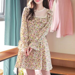 Mesh-trim Floral Print Dress