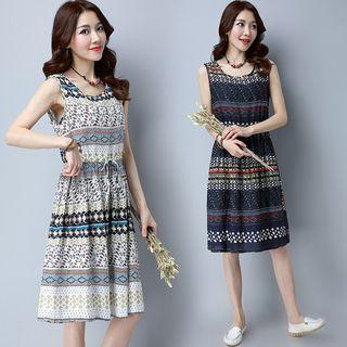 Patterned Sleeveless Drawstring Waist Dress