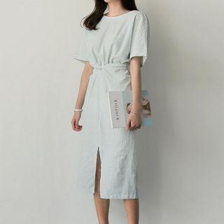 Elbow-sleeve Stripe Tie-waist Midi Dress