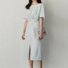 Elbow-sleeve Stripe Tie-waist Midi Dress