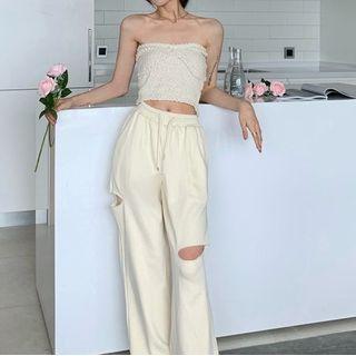 Knit Tube Top / Wide-leg Pants / Cardigan
