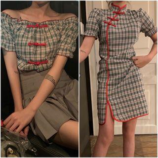 Chinese Frog Buttoned Plaid Off-shoulder Blouse / Plaid Mini Qipao