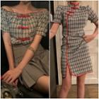 Chinese Frog Buttoned Plaid Off-shoulder Blouse / Plaid Mini Qipao