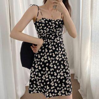 Tie-shoulder Floral Print A-line Dress Black - One Size