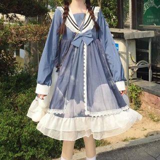 Sailor Collar Lace Trim A-line Dress / Sleeveless A-line Dress