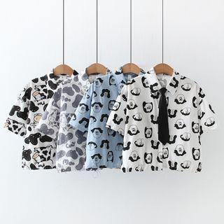 Short-sleeve Print Crop Shirt With Necktie