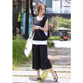 Set: Cap-sleeve Layered Top + Band-waist Wide-leg Pants