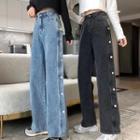 High Waist Button-side Loose Fit Jeans