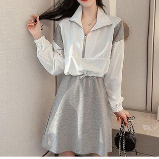 Set: Long-sleeve Color Block Half-zip Top + Spaghetti Strap A-line Mini Dress