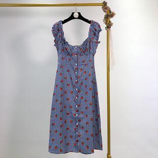 Strawberry Print Gingham Sleeveless Midi A-line Dress