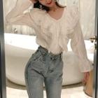 V-neck Flared-cuff Blouse White - One Size