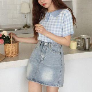 Short-sleeve Check Polo Knit Top