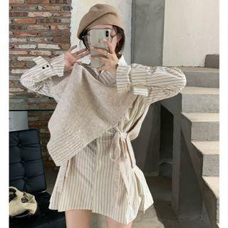 Tie-side Loose Knit Vest / Striped Long Shirt