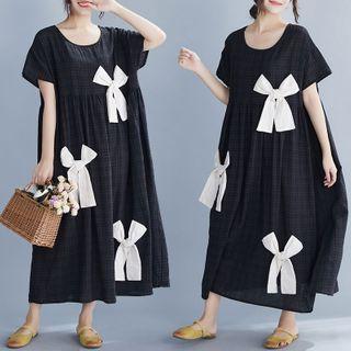 Plain Bow Print Dress Black - F