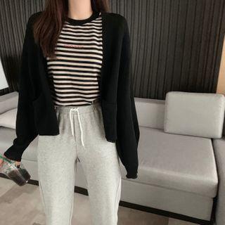 Plain Cardigan / Striped Short-sleeve T-shirt