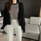 Plain Cardigan / Striped Short-sleeve T-shirt