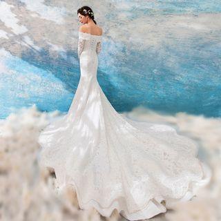 Lace Trim Off Shoulder Long Sleeve Wedding Ball Gown With Train