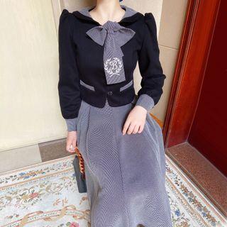 Set: Bow-neck Cropped Jacket + Midi A-line Skirt