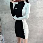 Long-sleeve Two-tone Mock-neck Mini Bodycon Dress