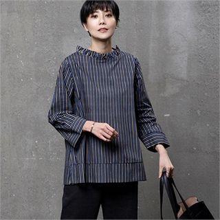 Frill-collar Striped Boxy Blouse