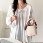 3/4-sleeve Tie-neck Blouse White - One Size