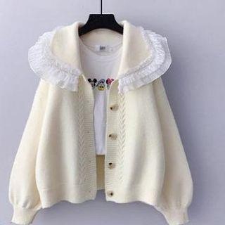 Lantern-sleeve Collared Lace Trim Cardigan
