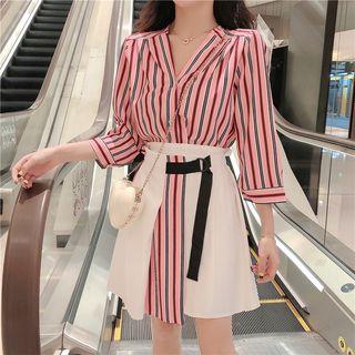 Set: 3/4-sleeve Striped Shirt + Asymmetric A-line Mini Skirt