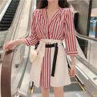 Set: 3/4-sleeve Striped Shirt + Asymmetric A-line Mini Skirt