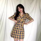 Long Sleeve V Neck Plaid Double Breasted Dress