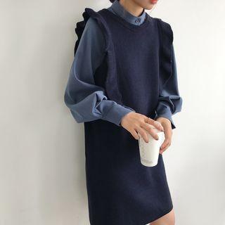 Lantern-sleeve Blouse / Ruffle Trim Mini Pinafore Knit Dress