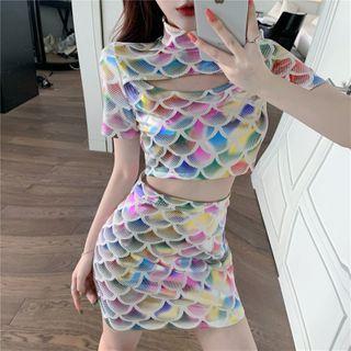 Set: Printed Short-sleeve Crop Top + Mini Pencil Skirt