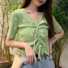 Embroidered Drawstring Short Sleeve Cropped Top