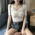 V-neck Ruched Ribbed Short-sleeve Knit Top