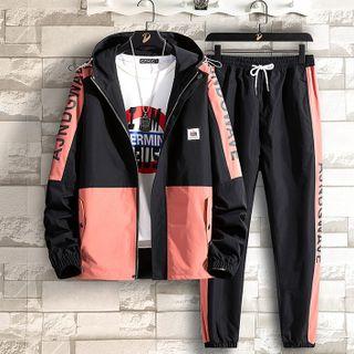 Set: Lettering Hooded Zip Jacket + Cropped Harem Pants