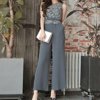 Lace Panel Sleeveless Wide-leg Jumpsuit