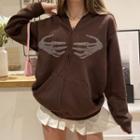 Long Sleeve Bone Rhinestone Loose-fit Zip Jacket