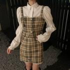 Button-up Blouse / Sleeveless Plaid Crop Top / Mini Skirt