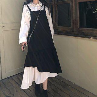 Plain Shirt / Two-tone Midi Overall Dress