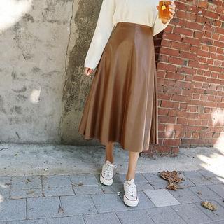 Faux-leather Long Flare Skirt