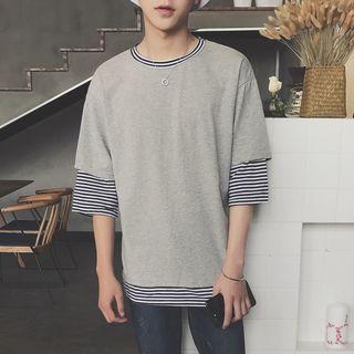 Mock Two-piece Stripe Elbow-sleeve T-shirt