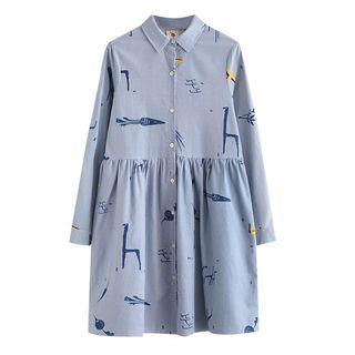 Long-sleeve Corduroy Printed A-line Dress