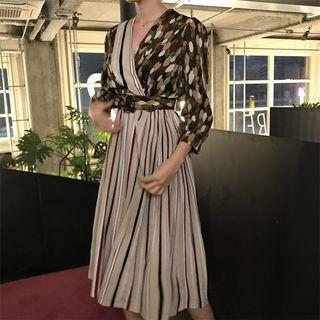 3/4-sleeve Print Midi A-line Dress