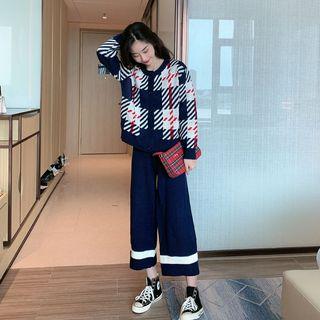 Set: Plaid Cardigan + Striped Pants As Figure - One Size