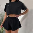 Set: Short-sleeve Lettering Cropped T-shirt + Sweatshorts