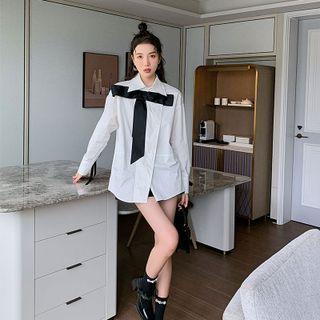 Long-sleeve Velvet Panel Shirt Dress White - One Size