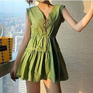 V-neck Lace-up Sleeveless Ruched Dress Green - One Size