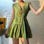 V-neck Lace-up Sleeveless Ruched Dress Green - One Size