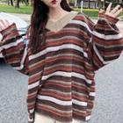 Color-block Striped Puff-sleeve Sweatshirt