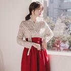 Set: Hanbok Top (floral / Beige) + Skirt (maxi / Burgundy)