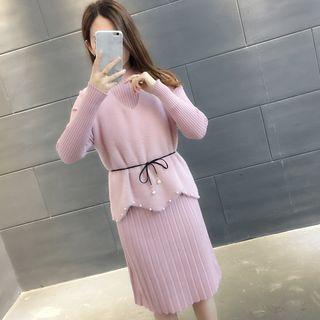 Set: Long-sleeve Mock-neck Midi Knit Dress + Knit Vest